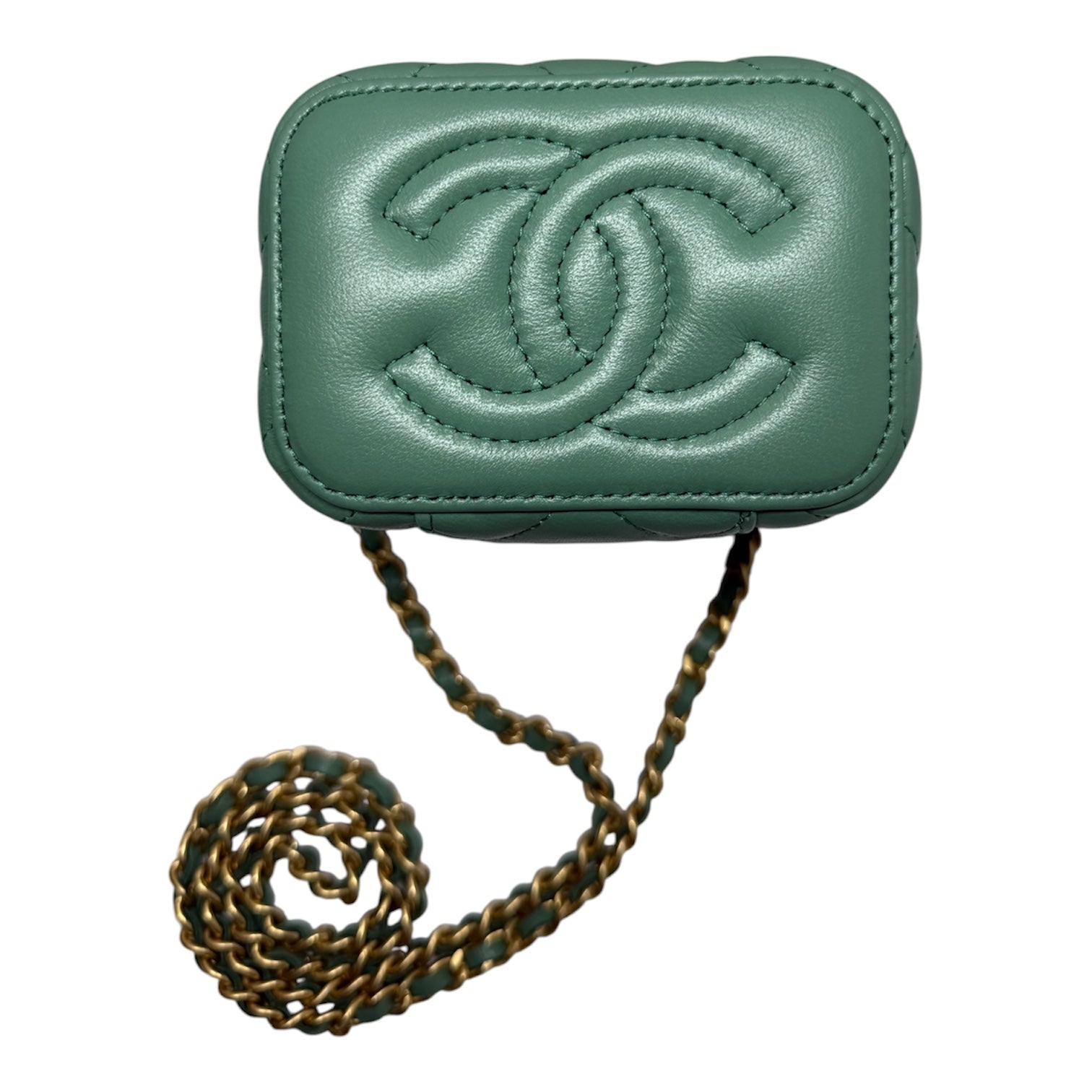 Chanel Pearl Crush Mini Vanity Case In Green Quilted Lambskin With Gold Hardware