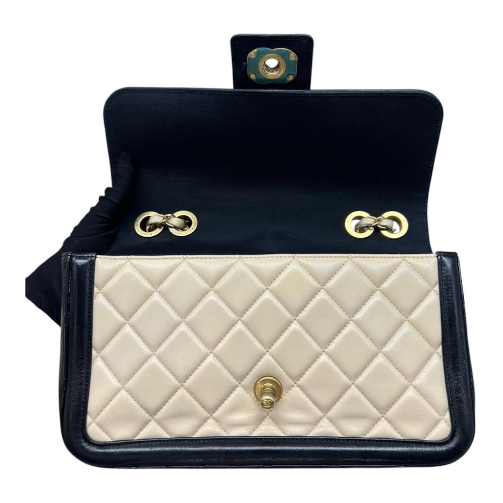 Chanel Medium Flap Bag In Beige And Black Lambskin Quilted Leather