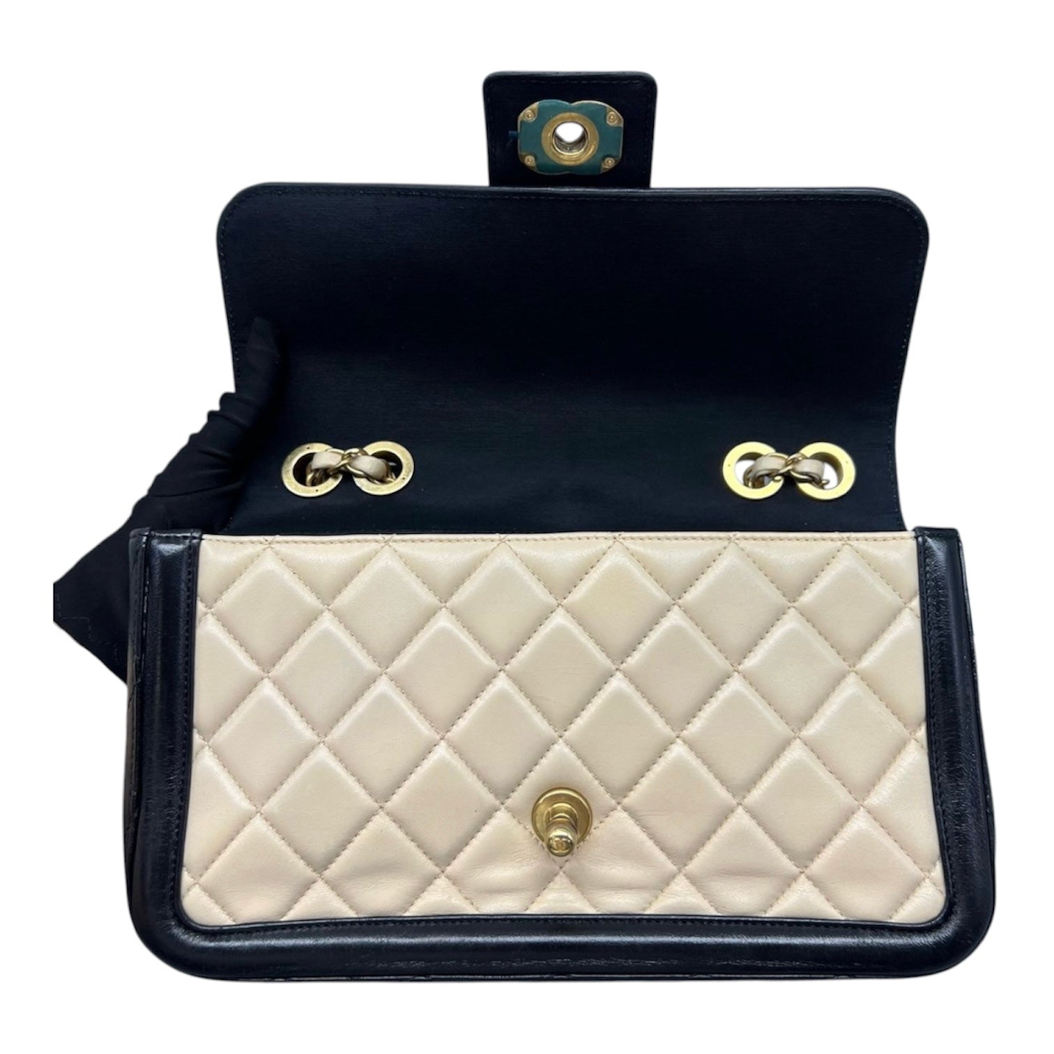 Chanel Medium Flap Bag In Beige And Black Lambskin Quilted Leather