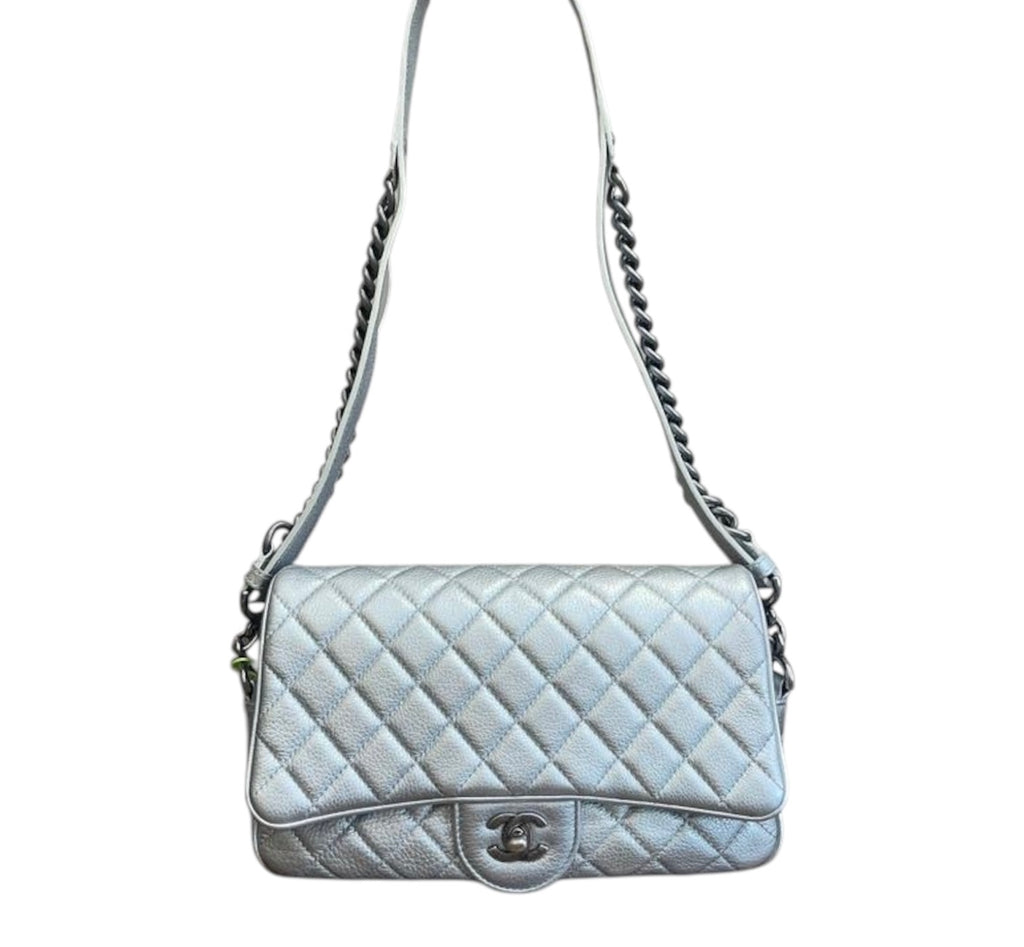 Chanel Flap Bag In Metallic Calfskin Quilted Leather With Ruthenium Hardware