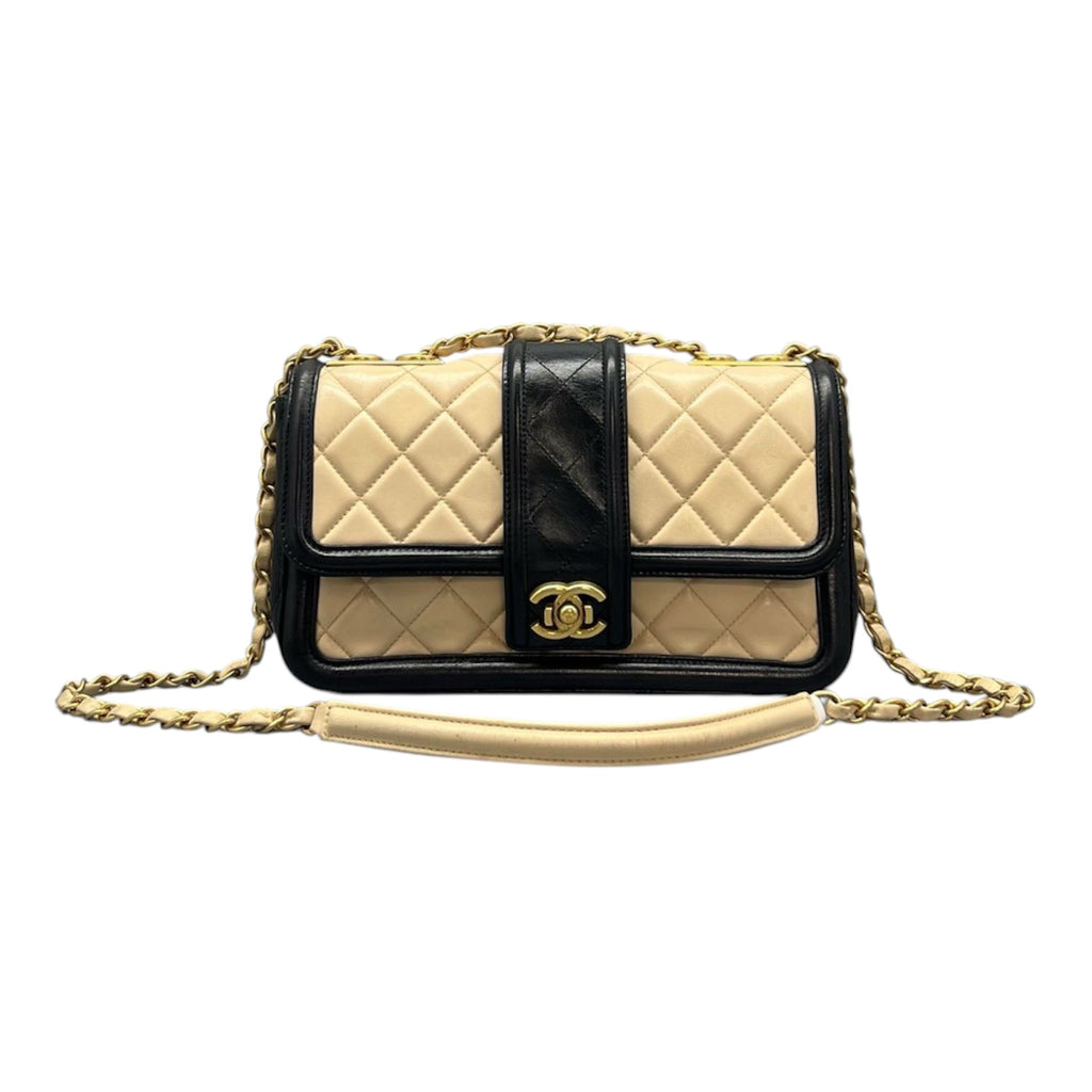 Chanel Medium Flap Bag In Beige And Black Lambskin Quilted Leather