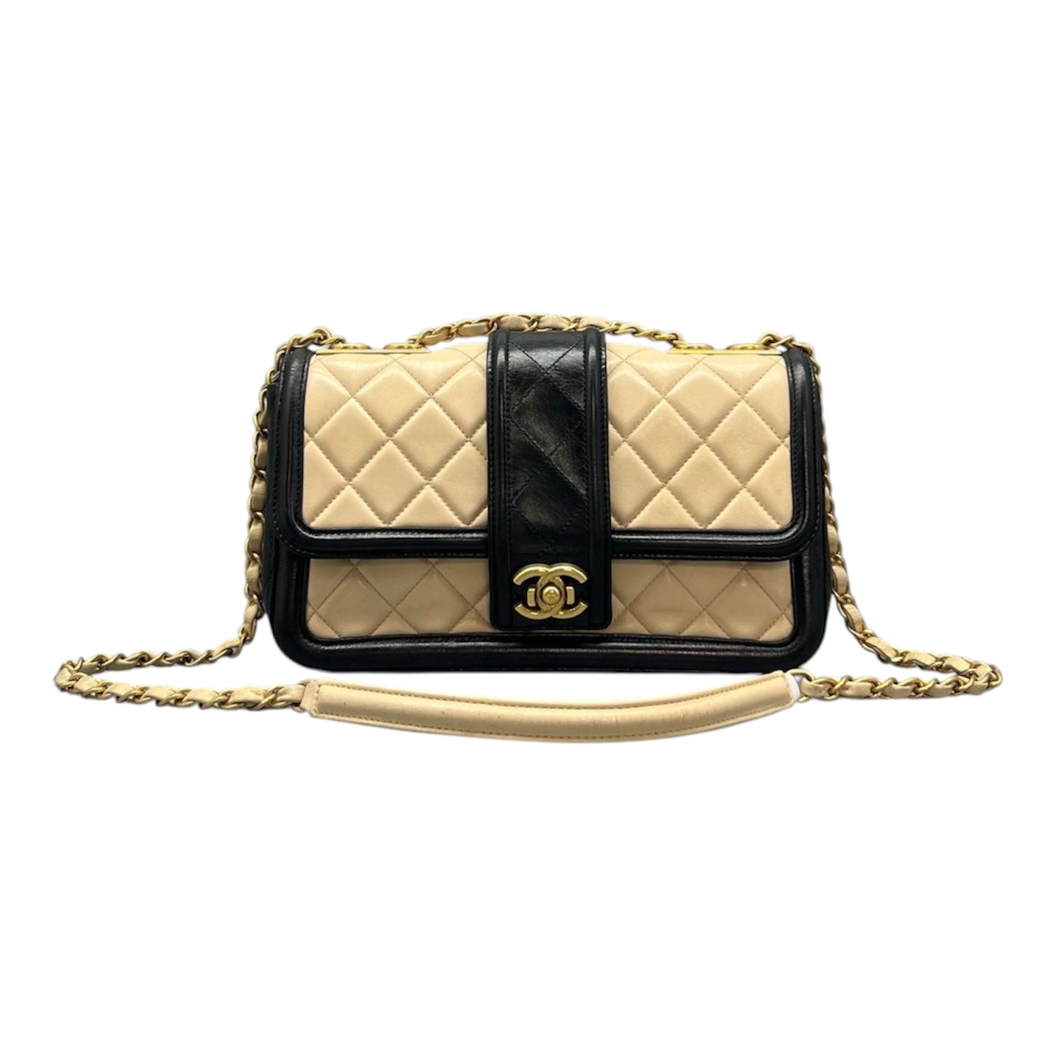 Chanel Medium Flap Bag In Beige And Black Lambskin Quilted Leather
