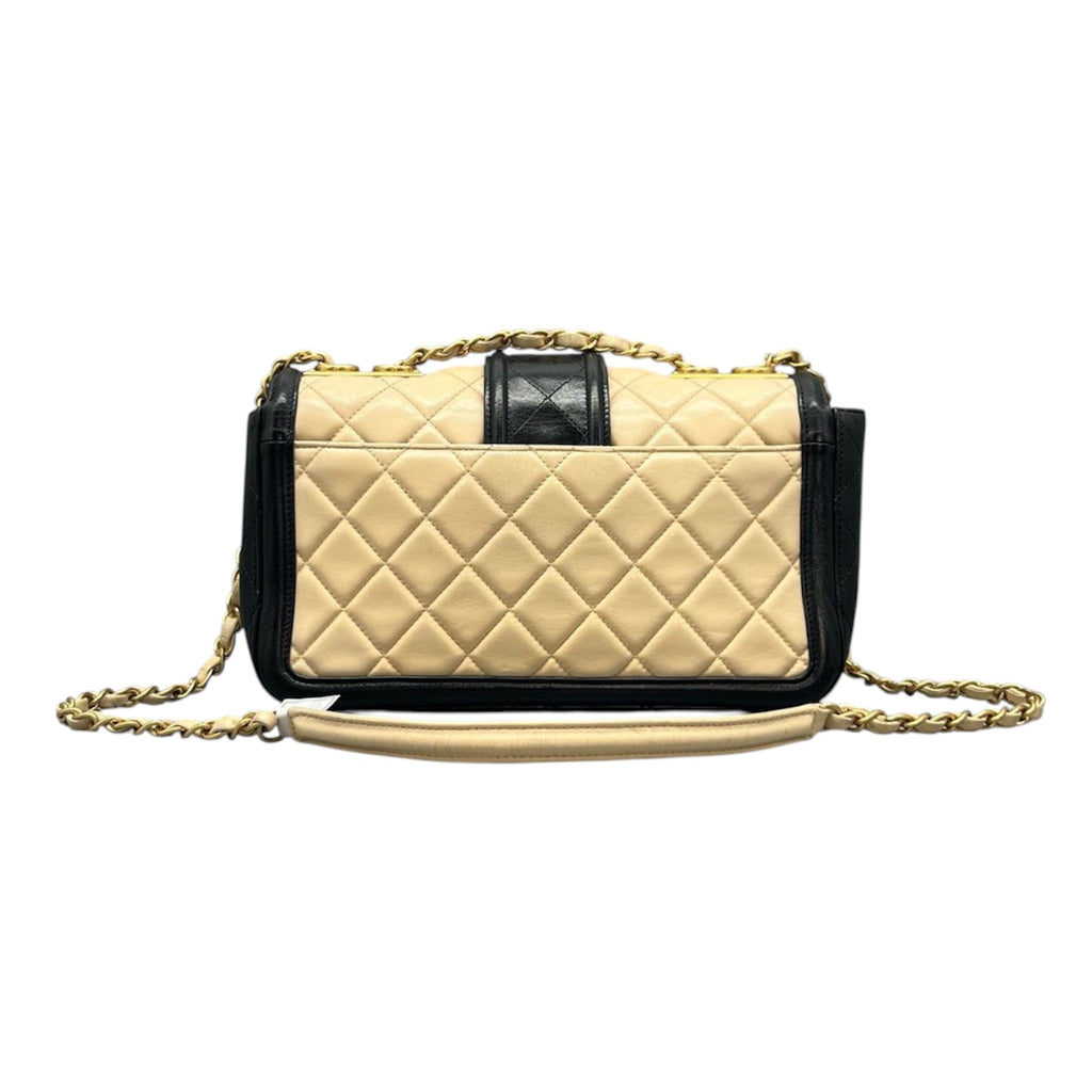 Chanel Medium Flap Bag In Beige And Black Lambskin Quilted Leather