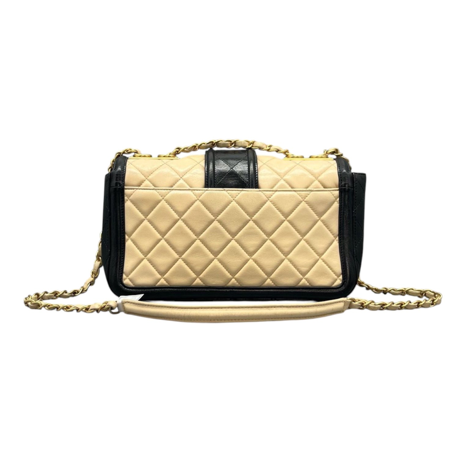 Chanel Medium Flap Bag In Beige And Black Lambskin Quilted Leather