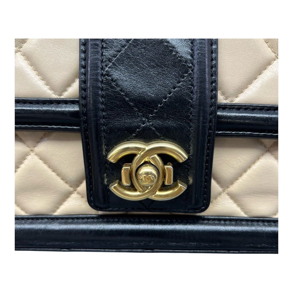 Chanel Medium Flap Bag In Beige And Black Lambskin Quilted Leather
