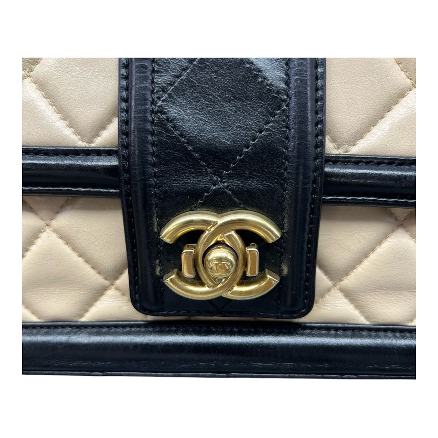 Chanel Medium Flap Bag In Beige And Black Lambskin Quilted Leather