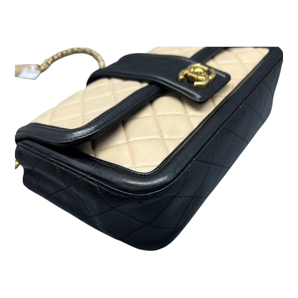Chanel Medium Flap Bag In Beige And Black Lambskin Quilted Leather