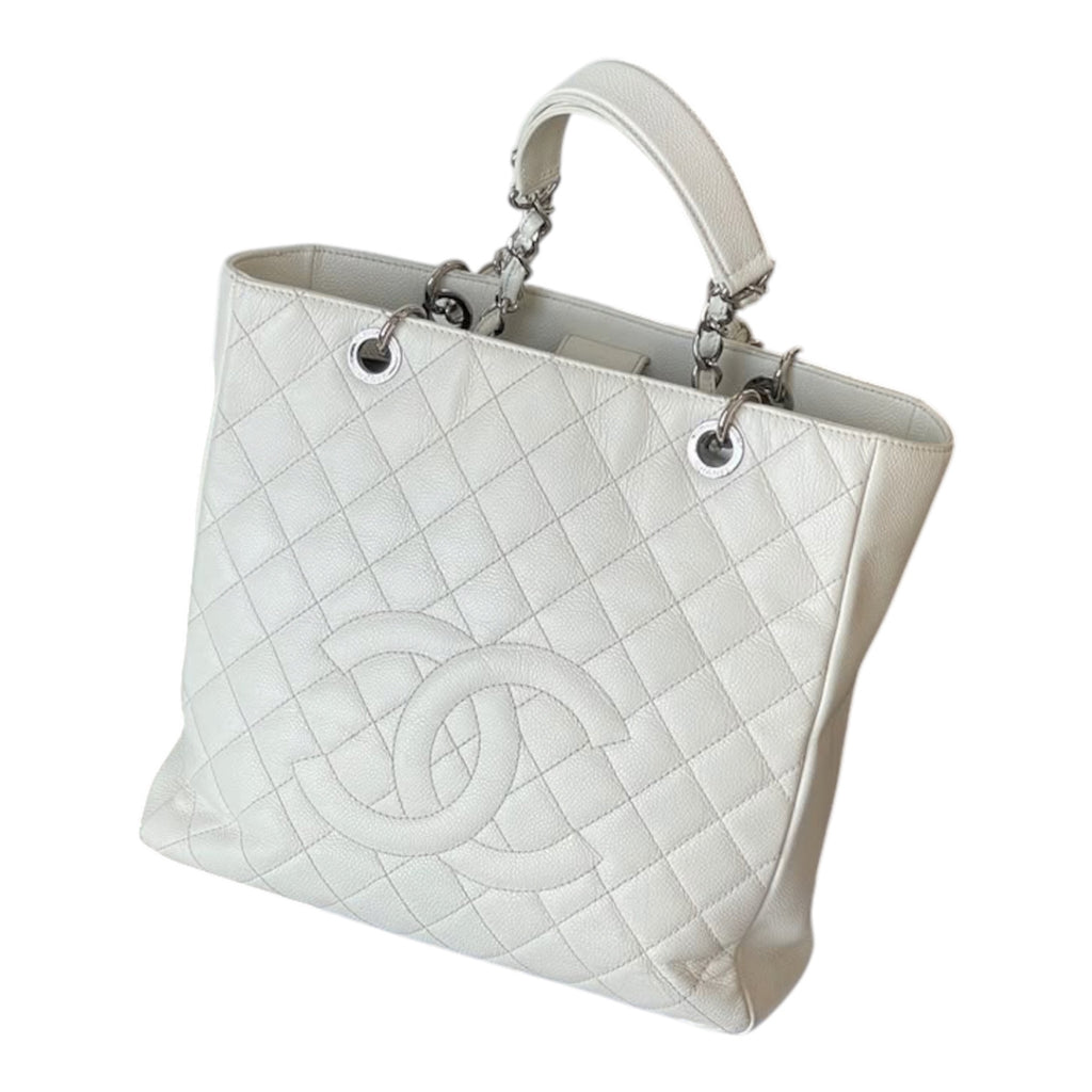 Chanel Grand Shopping Tote In White Caviar Leather With Silver Hardware