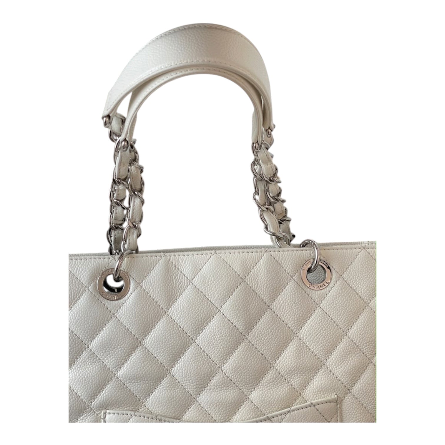 Chanel Grand Shopping Tote In White Caviar Leather With Silver Hardware