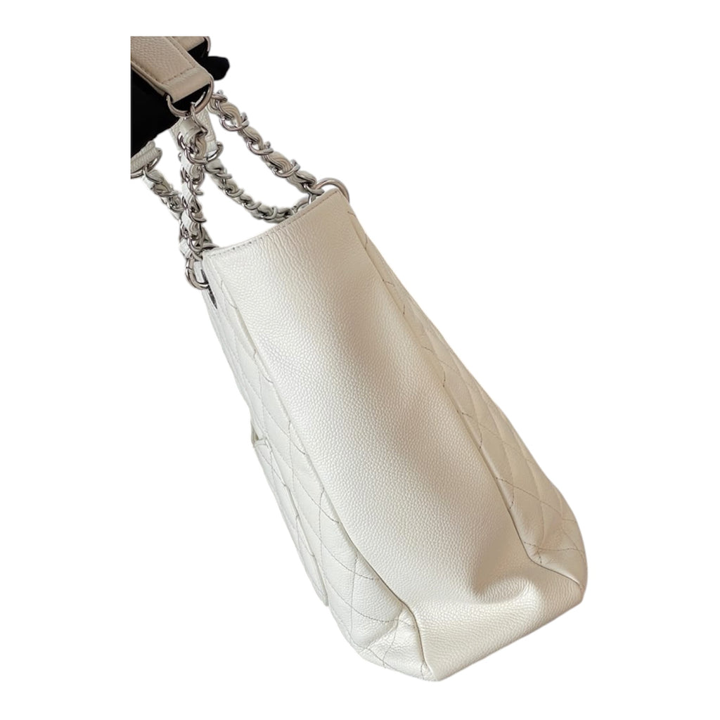 Chanel Grand Shopping Tote In White Caviar Leather With Silver Hardware