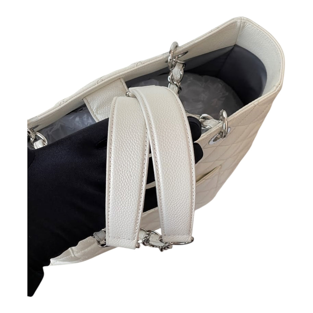 Chanel Grand Shopping Tote In White Caviar Leather With Silver Hardware