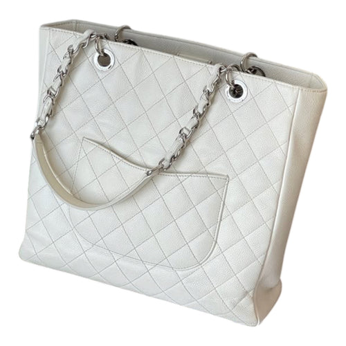 Chanel Grand Shopping Tote In White Caviar Leather With Silver Hardware