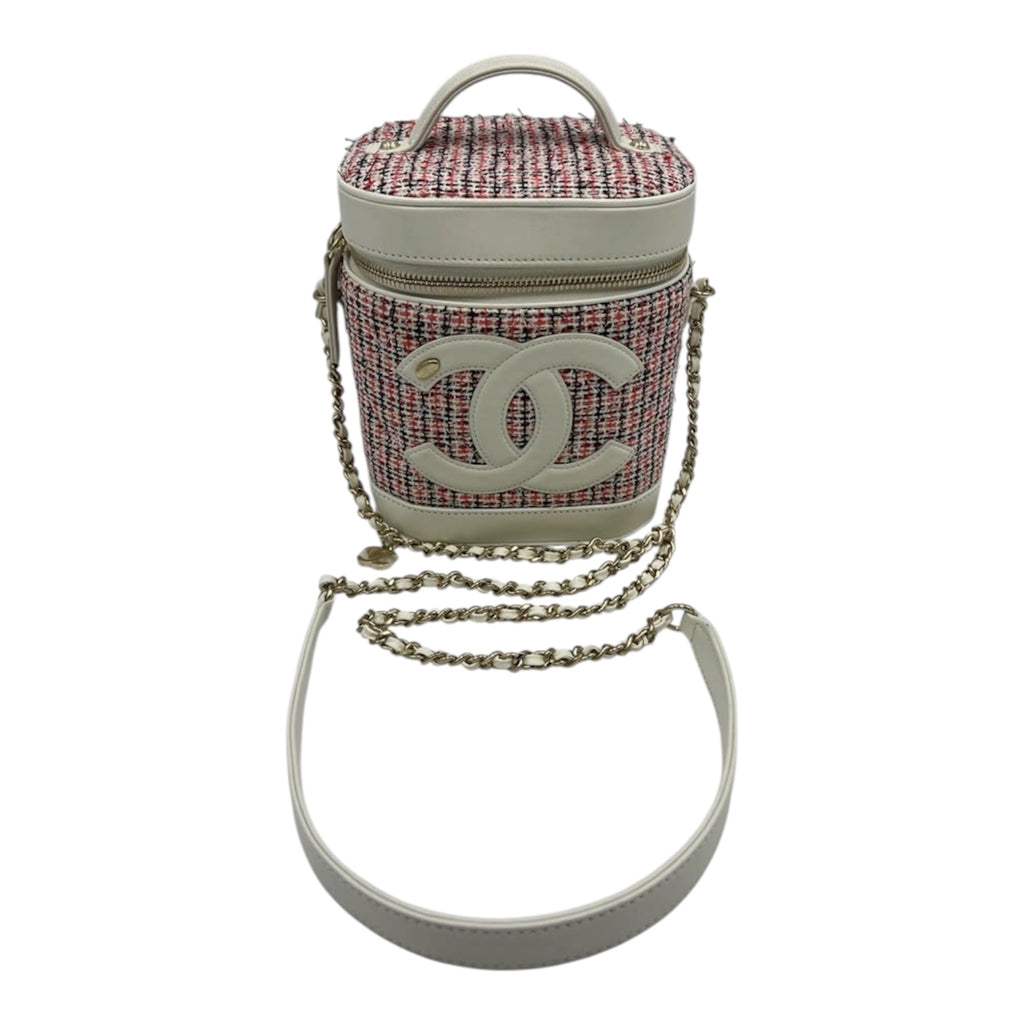 Chanel Vanity Case In White Tweed Leather With Gold Hardware