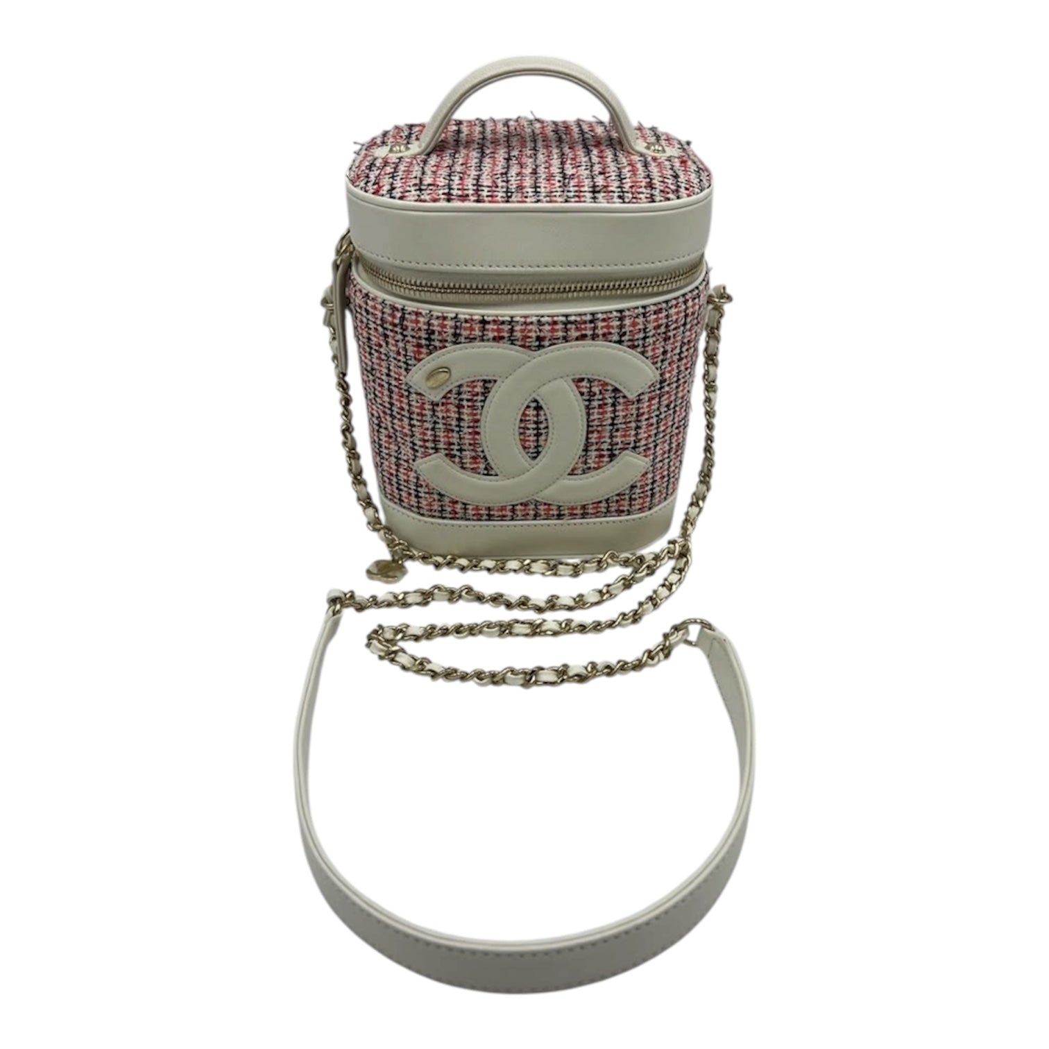 Chanel Vanity Case In White Tweed Leather With Gold Hardware