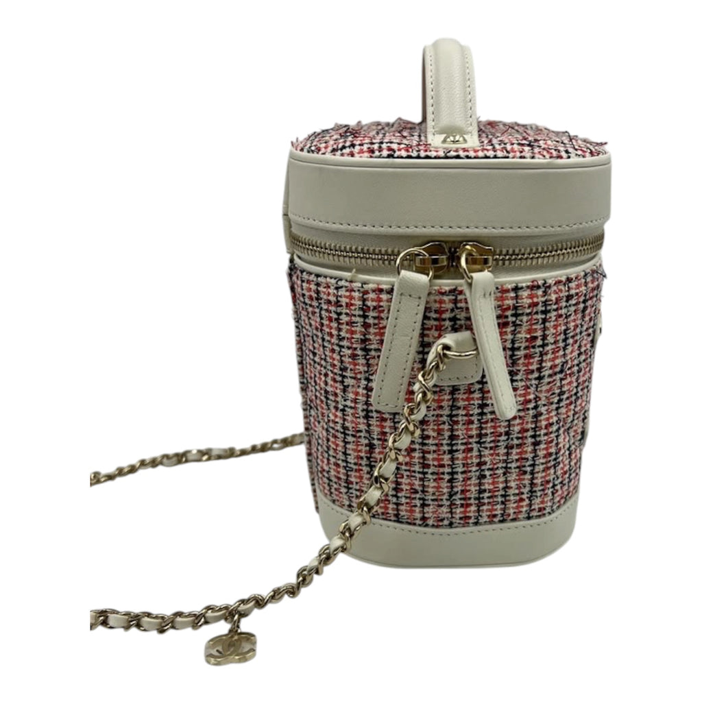 Chanel Vanity Case In White Tweed Leather With Gold Hardware