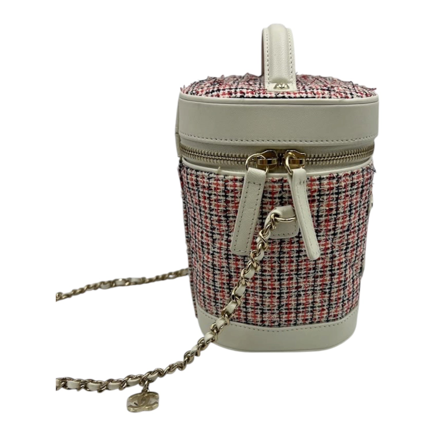 Chanel Vanity Case In White Tweed Leather With Gold Hardware
